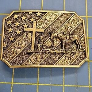 Flag Background Cowboy & Horse Praying at Cross Western Buckle Unisex 3.5 x 2.5"
